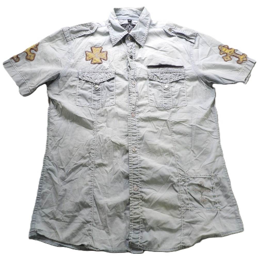 Roar Men Shirt Short Sleeves Gray Rhinestones Cross Western Button Embellished L